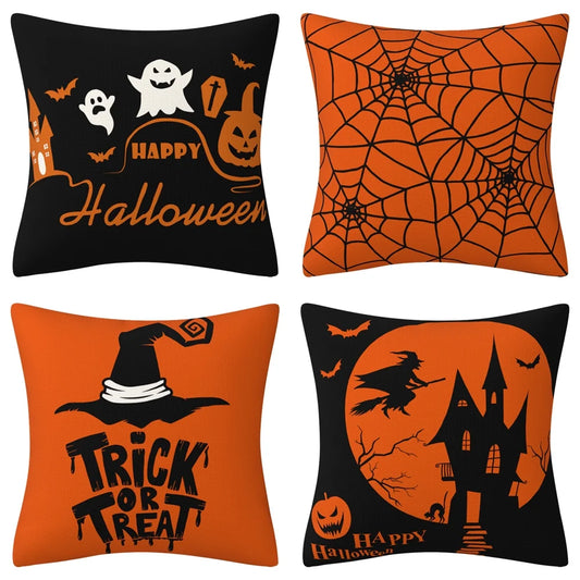 "Halloween Pillow Covers Decor,  4 Pcs 18X18 Inches Fall Pillow Covers Orange and Black Pillow Case, Happy Halloween Linen Sofa Bed Throw Cushion"